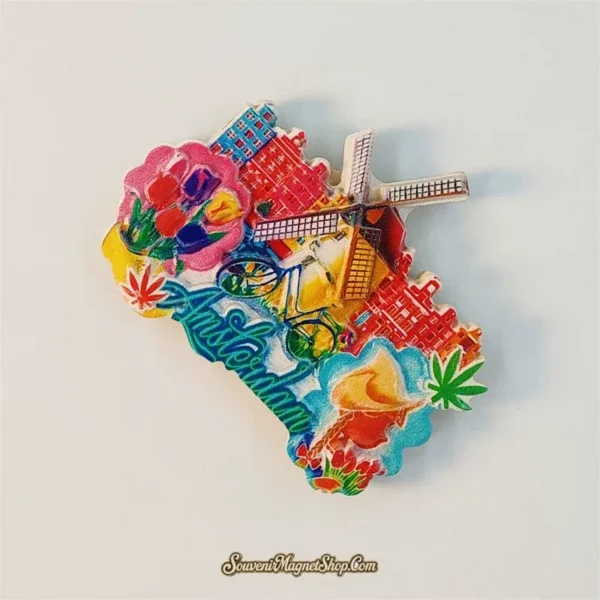 Angled view of Amsterdam souvenir magnet showing tulip and windmill details