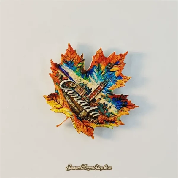 Angled maple leaf souvenir magnet showing watercolour Ottawa skyline and raised Canada script