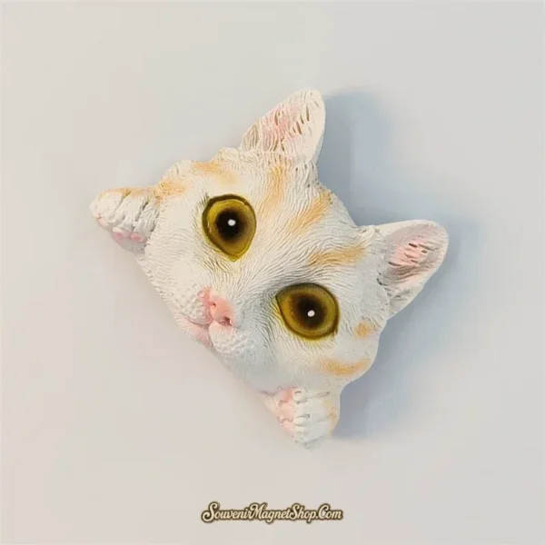 Angled view of the 3D peeking cat fridge magnet showing raised fur and a tilted head