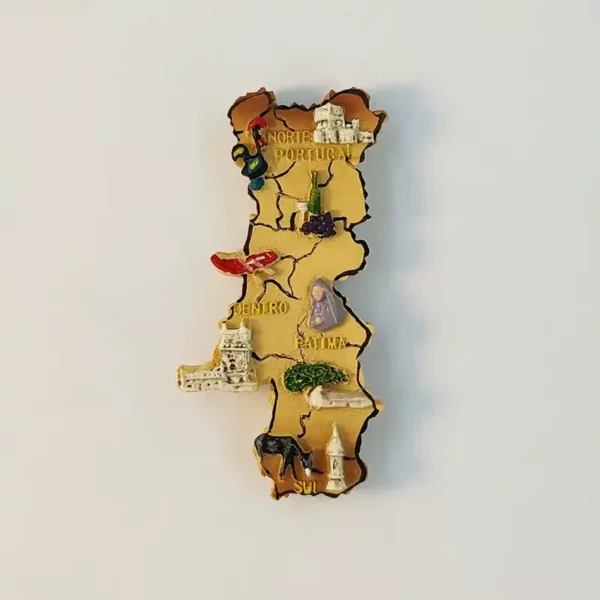 Front view of Portugal map fridge magnet with hand-painted 3D Barcelos Rooster, Fatima figure and castle relief