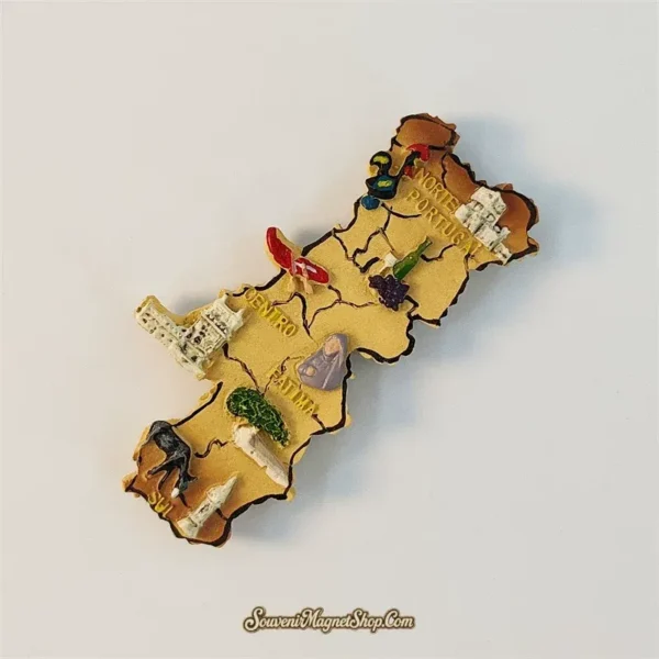 Angled Portugal souvenir magnet showing raised relief landmarks across the Norte, Centro and Sul regions