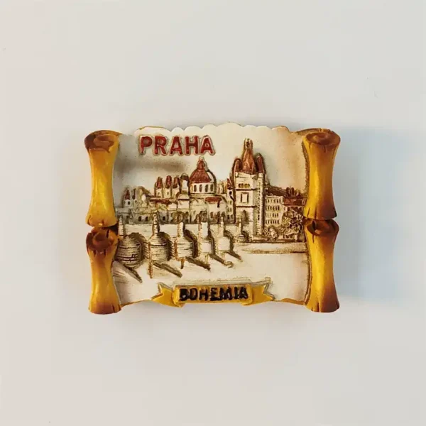 Front view of Prague Charles Bridge scroll fridge magnet with PRAHA text and BOHEMIA banner in hand-painted 3D relief