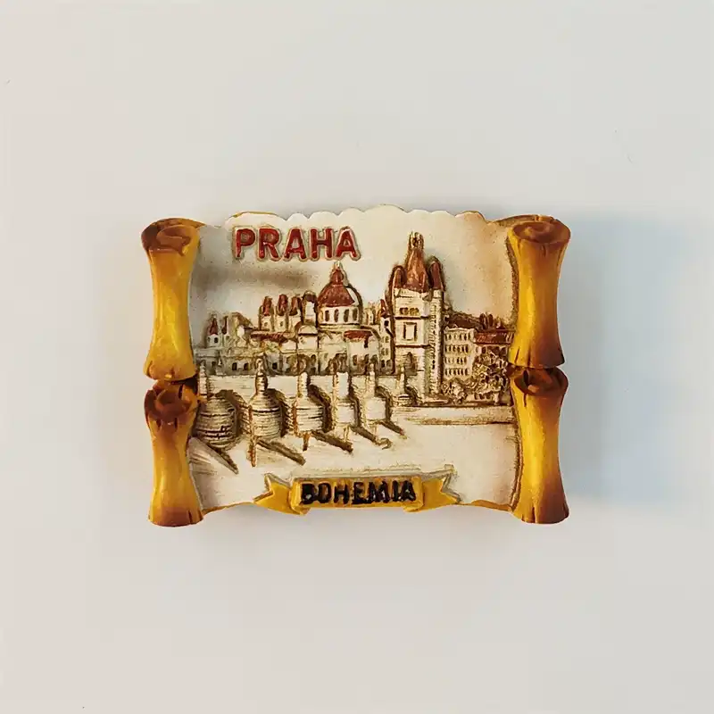 Front view of Prague Charles Bridge scroll fridge magnet with PRAHA text and BOHEMIA banner in hand-painted 3D relief