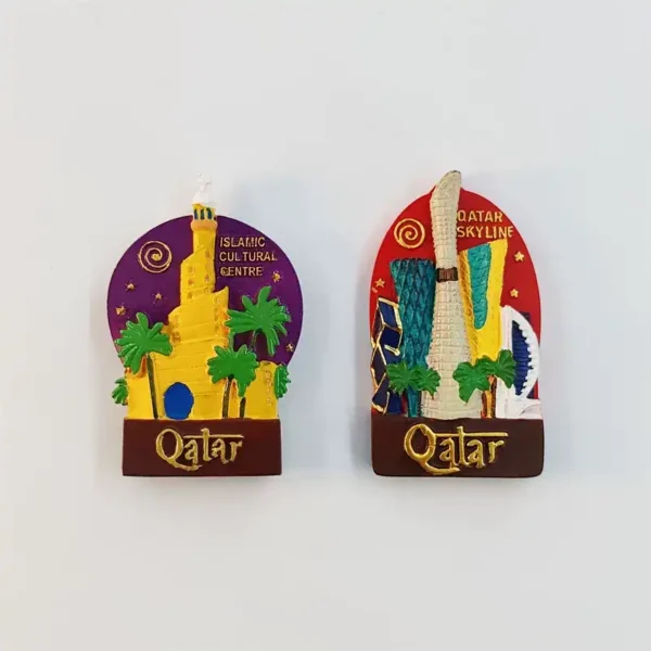 Front view of two Qatar Doha fridge magnets, the Islamic Cultural Centre and Qatar Skyline designs