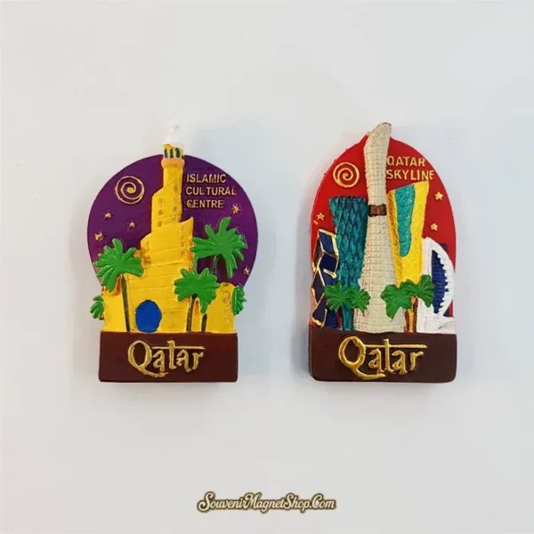 Qatar souvenir magnets showing the spiral Islamic Cultural Centre and Torch Tower skyline designs