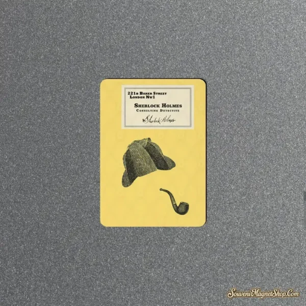 Yellow Sherlock Holmes fridge magnet with a 221B Baker Street calling card, deerstalker hat and pipe illustration