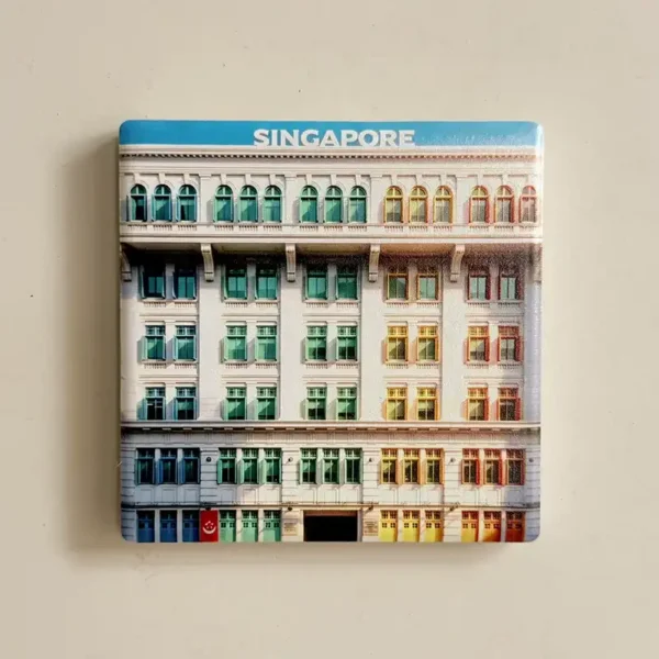 Singapore rainbow building fridge magnet, Old Hill Street Police Station facade with rainbow shuttered windows, front view
