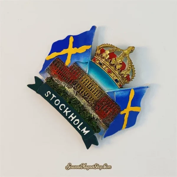Angled Stockholm souvenir magnet showing 3D palace relief, gold crown and green STOCKHOLM banner