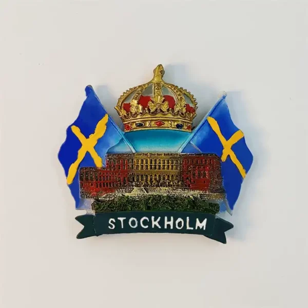 Stockholm Royal Palace fridge magnet with gold crown and crossed Swedish flags