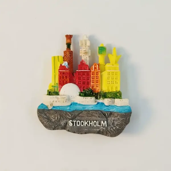 Sweden Stockholm skyline fridge magnet with colourful Old Town townhouses, towers and a white dome, front view