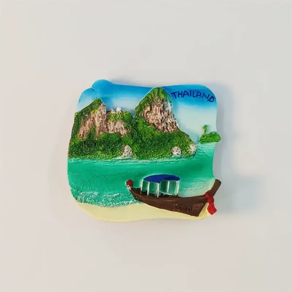 3D Thailand fridge magnet with Krabi limestone cliffs, turquoise sea and a longtail boat on the beach
