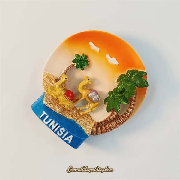 Side view of Tunisia camel fridge magnet with palm tree and blue TUNISIA base