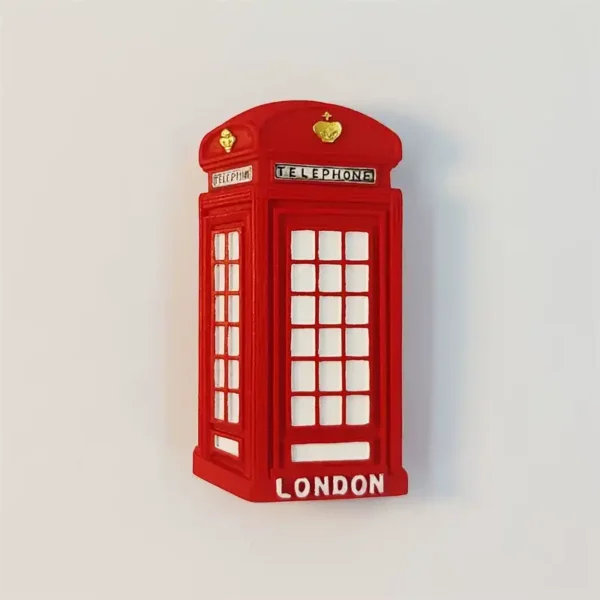 London red telephone box fridge magnet front view with gold crown emblems and white LONDON nameplate