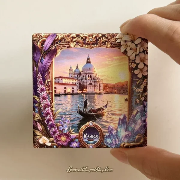 Hand holding the flat square ceramic Venice magnet showing the glossy sunset canal scene