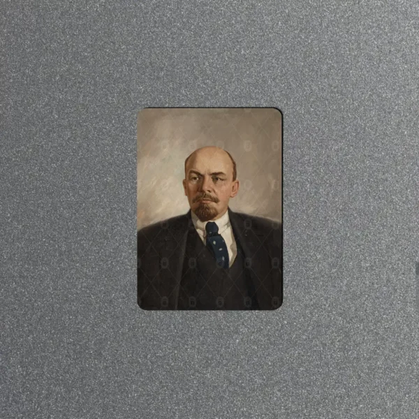 Vintage fridge magnet with a painted Soviet-era portrait of Vladimir Lenin in a dark suit and blue polka-dot tie
