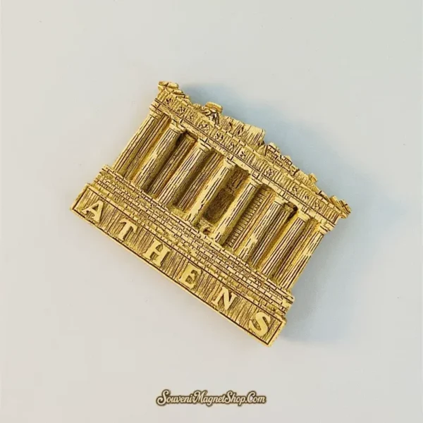 Angled gold-tone Parthenon magnet showing the column relief and ATHENS base