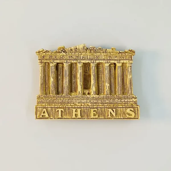 Gold-tone Athens Parthenon fridge magnet with fluted columns and raised ATHENS lettering