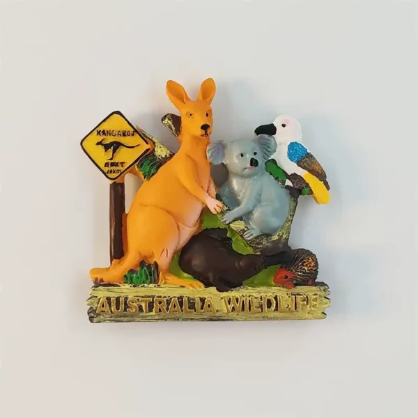 Australia wildlife fridge magnet with a kangaroo, koala, kookaburra, wombat and echidna around an Australia Wildlife sign.