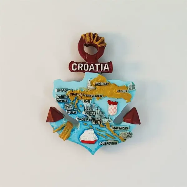 Croatia anchor map fridge magnet with labeled cities, sailboats, red-white shield and bold CROATIA lettering.