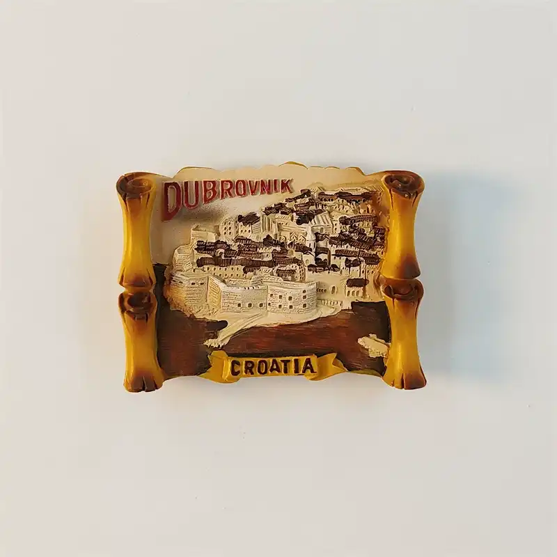 dubrovnik-old-town-fridge-magnet-front Dubrovnik 3D fridge magnet with a scroll-style frame, old-town waterfront, and DUBROVNIK and CROATIA lettering.