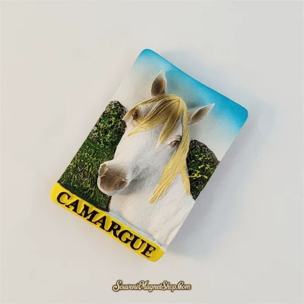 Angled view of the Camargue white horse fridge magnet highlighting the raised 3D relief of the horse's head and mane.