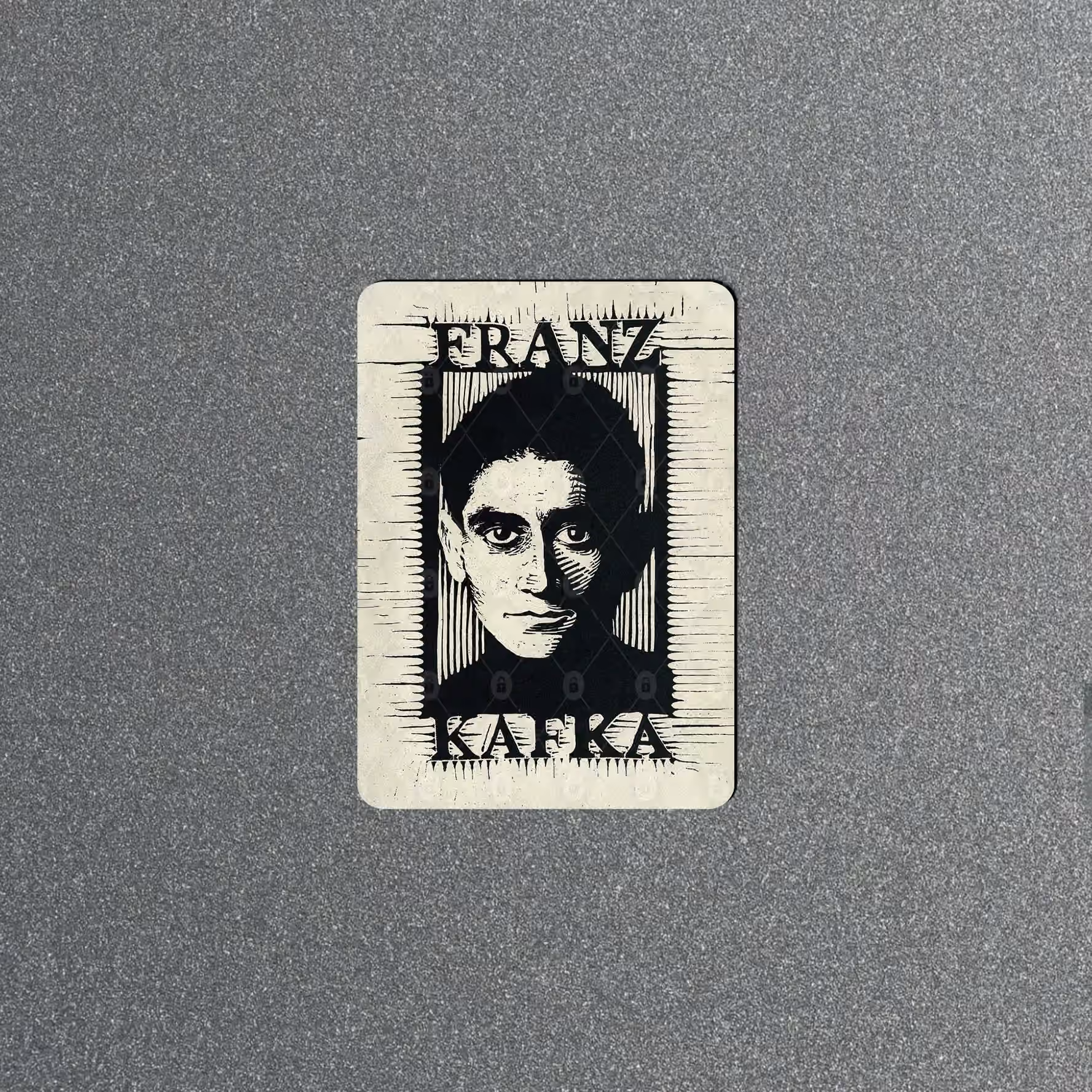 Black and cream Franz Kafka portrait fridge magnet with bold lettering