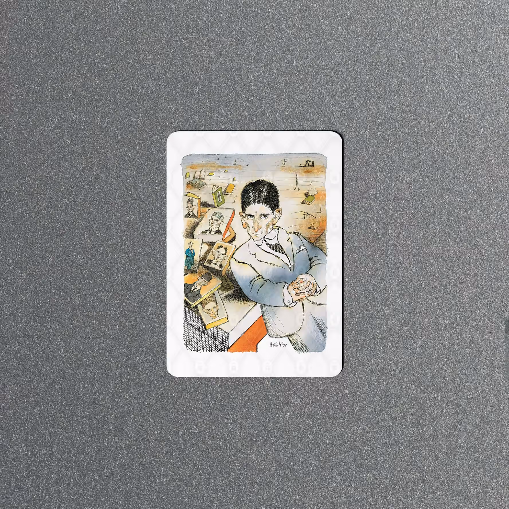 Illustrated Franz Kafka portrait magnet with muted blue and orange art