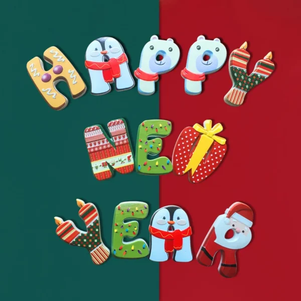 Happy New Year letter magnets with polar bears, penguins and gift design