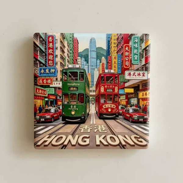 Hong Kong ceramic fridge magnet with green and red double-decker trams, taxis, colorful shop signs, and raised HONG KONG lettering