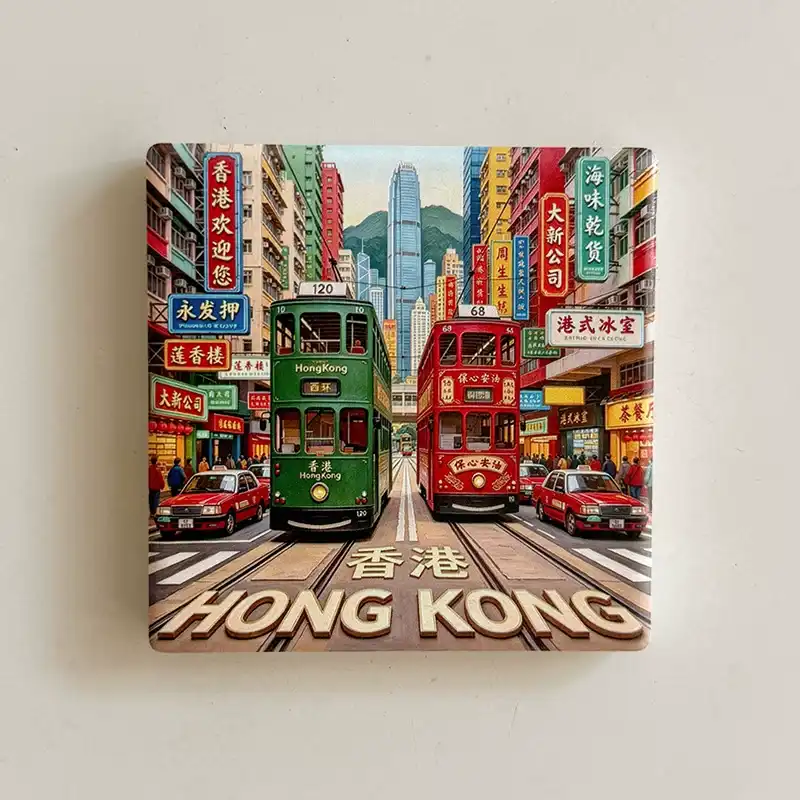 Hong Kong ceramic fridge magnet with green and red double-decker trams, taxis, colorful shop signs, and raised HONG KONG lettering
