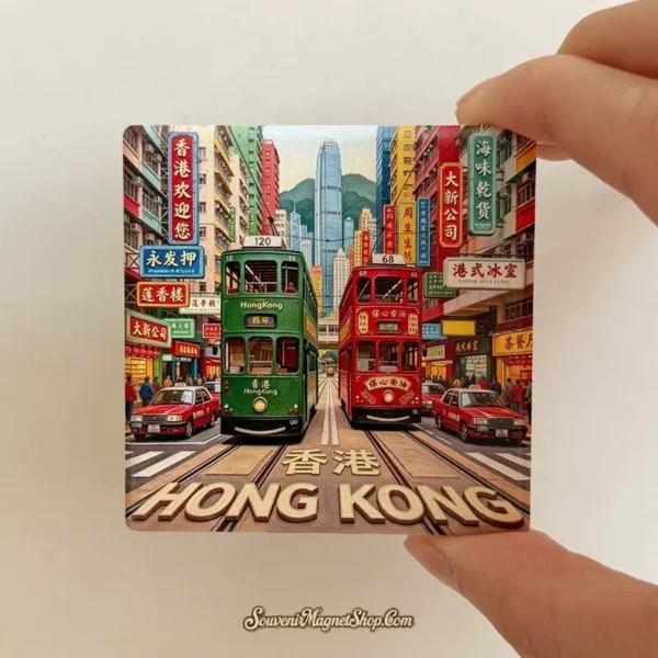 Hand-held view of the Hong Kong street trams fridge magnet with Chinese storefront signs and twin double-deckers