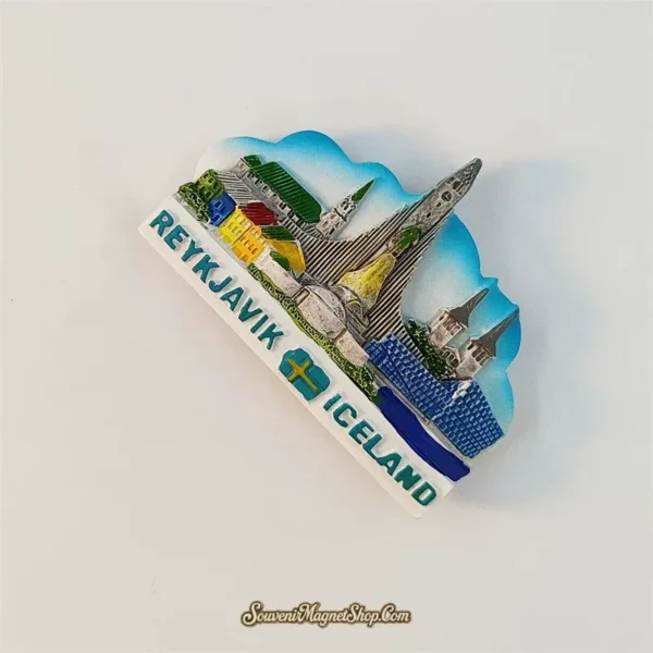 Angled view of the Reykjavik skyline fridge magnet highlighting the raised 3D relief of the spires and rooftops.