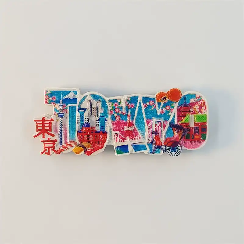 japan-tokyo-letter-skyline-fridge-magnet-front Tokyo letter fridge magnet shaped into the word TOKYO with Tokyo Tower, Mt. Fuji, cherry blossoms and a rickshaw