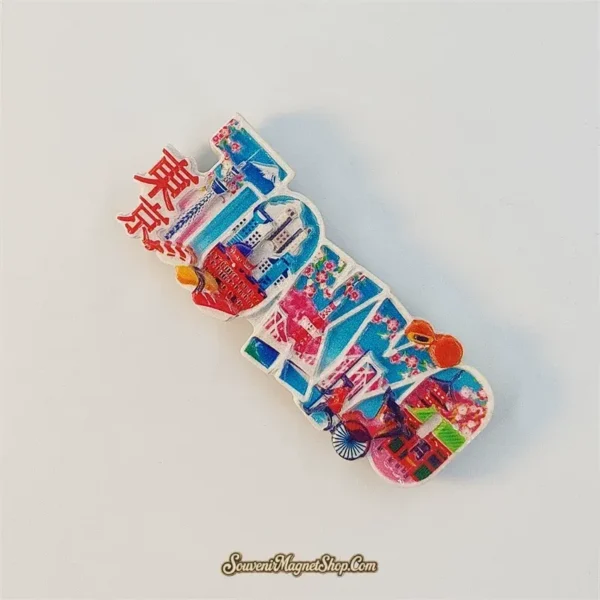 Angled view of the Tokyo word magnet showing raised relief across the letters