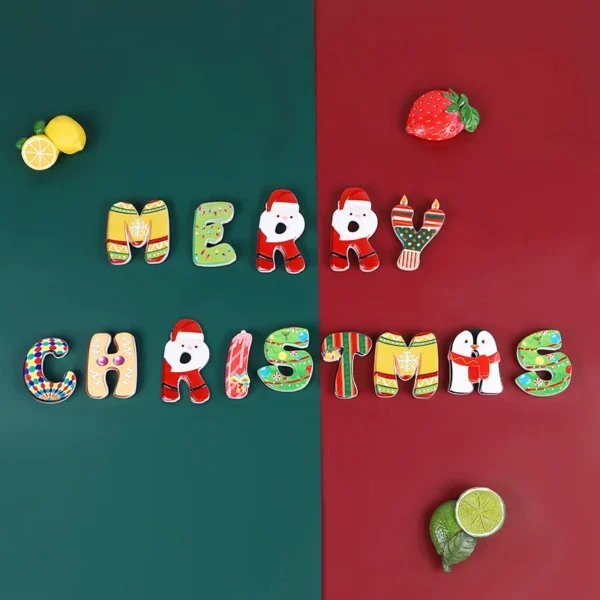 Merry Christmas letter magnets with Santa, penguin and festive patterns