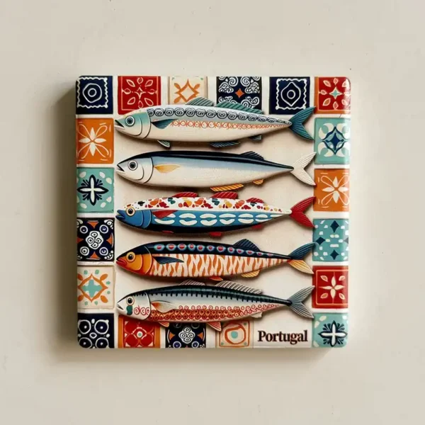 Portugal ceramic tile fridge magnet with five fish in stacked rows and a colorful azulejo-style border.