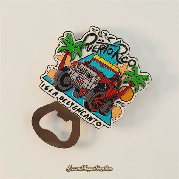 Left-angled view of the Puerto Rico off-road vehicle fridge magnet with the metal bottle opener extending below.