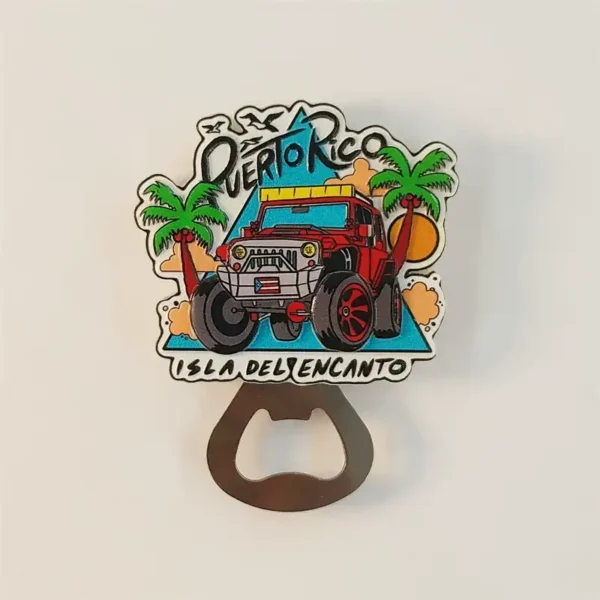 Puerto Rico fridge magnet and bottle opener with a red off-road vehicle, palm trees, sun, and Isla del Encanto lettering.