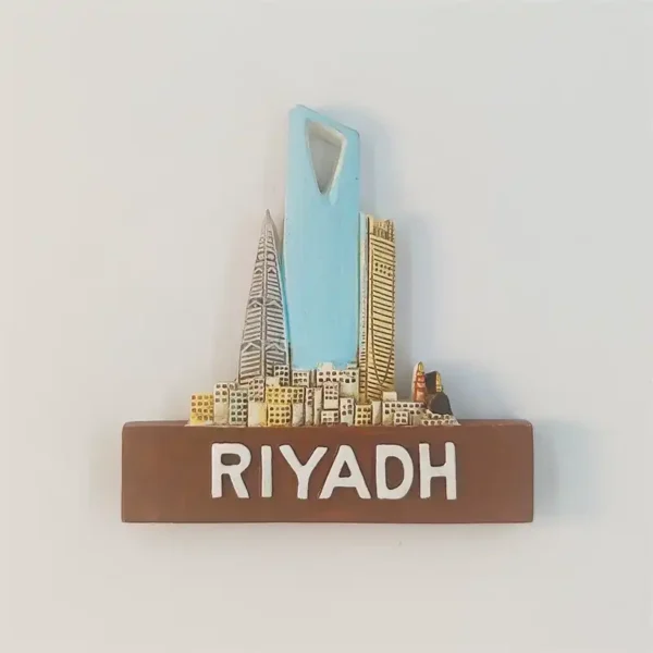 Riyadh skyline fridge magnet with the blue Kingdom Centre tower and raised RIYADH lettering.