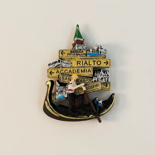Venice signpost fridge magnet with yellow landmark arrows above a black-and-gold gondola, striped-shirt gondolier and two small passengers.