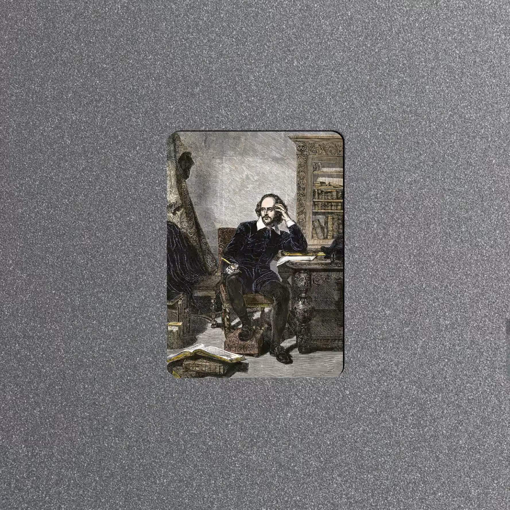 William Shakespeare seated with quill in an antique library portrait