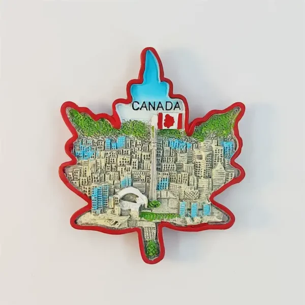 Front view of a red-bordered Canada maple leaf fridge magnet with Toronto’s CN Tower, city skyline and Canadian flag.