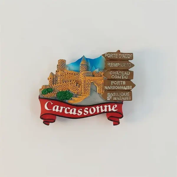 Carcassonne fortified city fridge magnet with castle towers, arched gate, landmark signpost, green trees, and red name scroll.