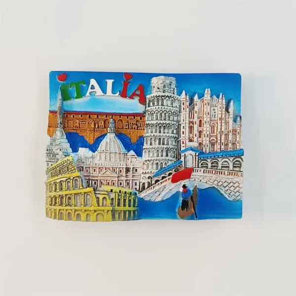 Front view of an Italy landmarks fridge magnet with the Colosseum, Leaning Tower of Pisa, cathedral, bridge and gondola.