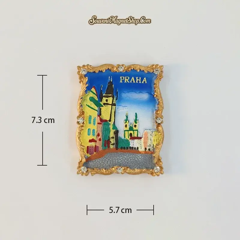 Portrait Prague Old Street B variant fridge magnet with colourful buildings, pointed towers and a cobbled foreground; 5.7 cm wide and 7.3 cm high.